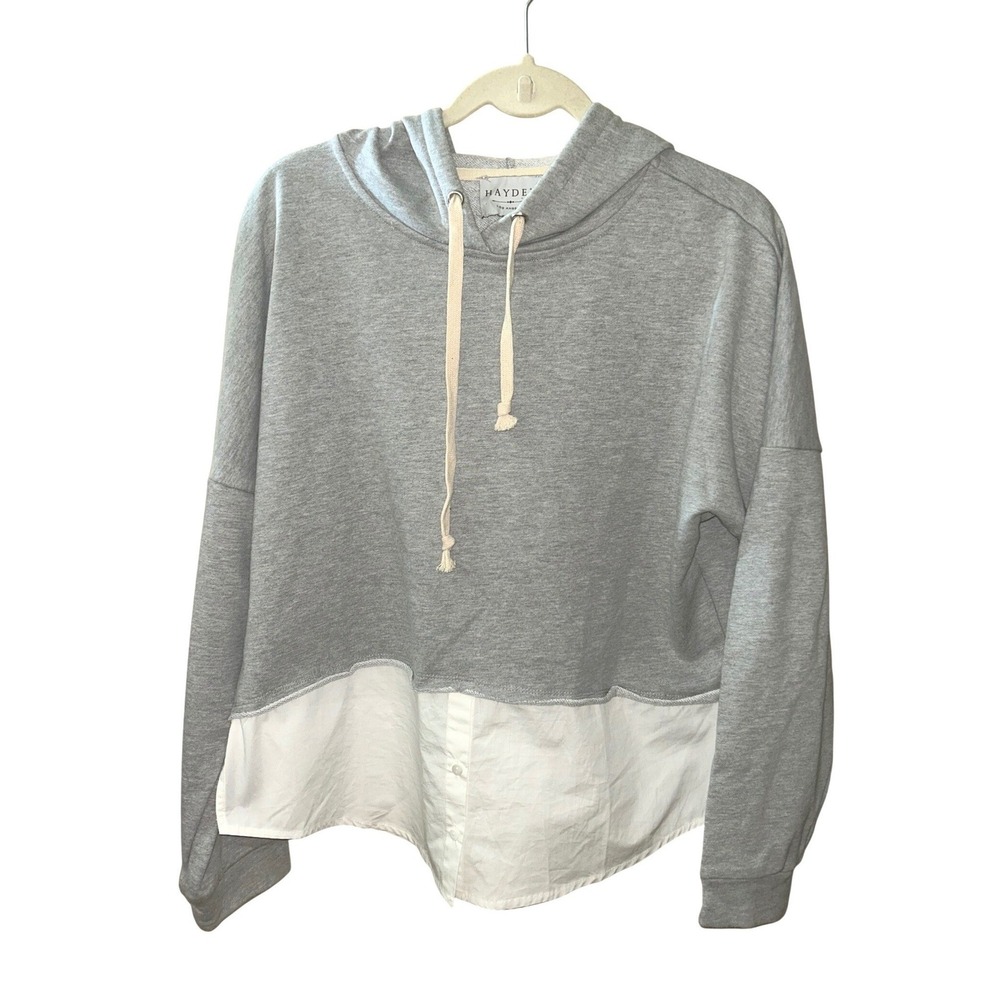 Hayden Los Angeles Grey Mixed Media Layered Hoodie Shirt Hem Womens M